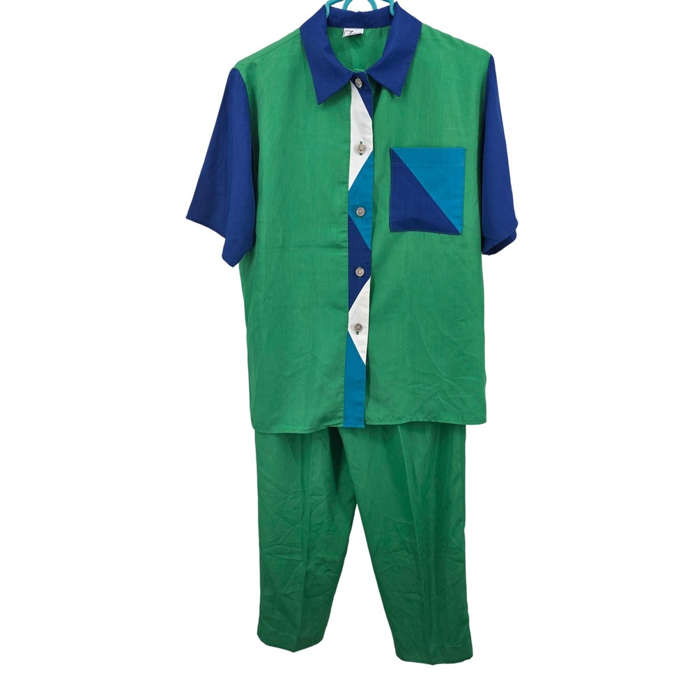 Erva Matching‎ Set Button Up Shirt & Pants Green Blue Mod Two Piece Outfit